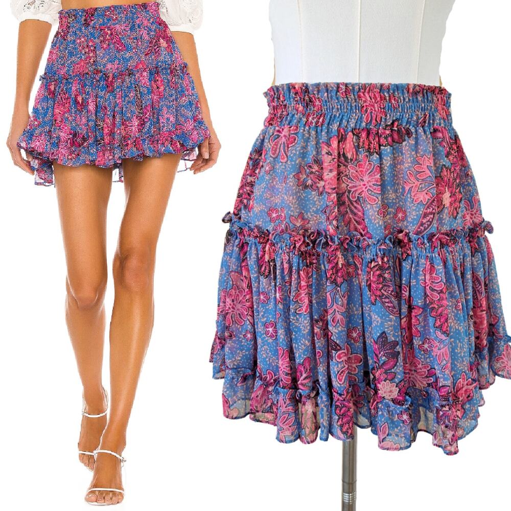 MISA LA Marion Tiered Floral Mini Skirt Small Pink Blue Floral Night Blooms